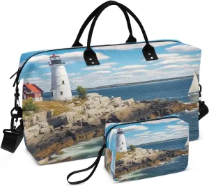 DOMIKING Watercolor Lighthouse Sea Travel Duffle Bag Foldable Weekender Overnight Bags for Women Men Carry On Tote Bag Personal Item Travel Bag with Toiletry Bag for Trip Gym Business Yoga, 2 Pcs