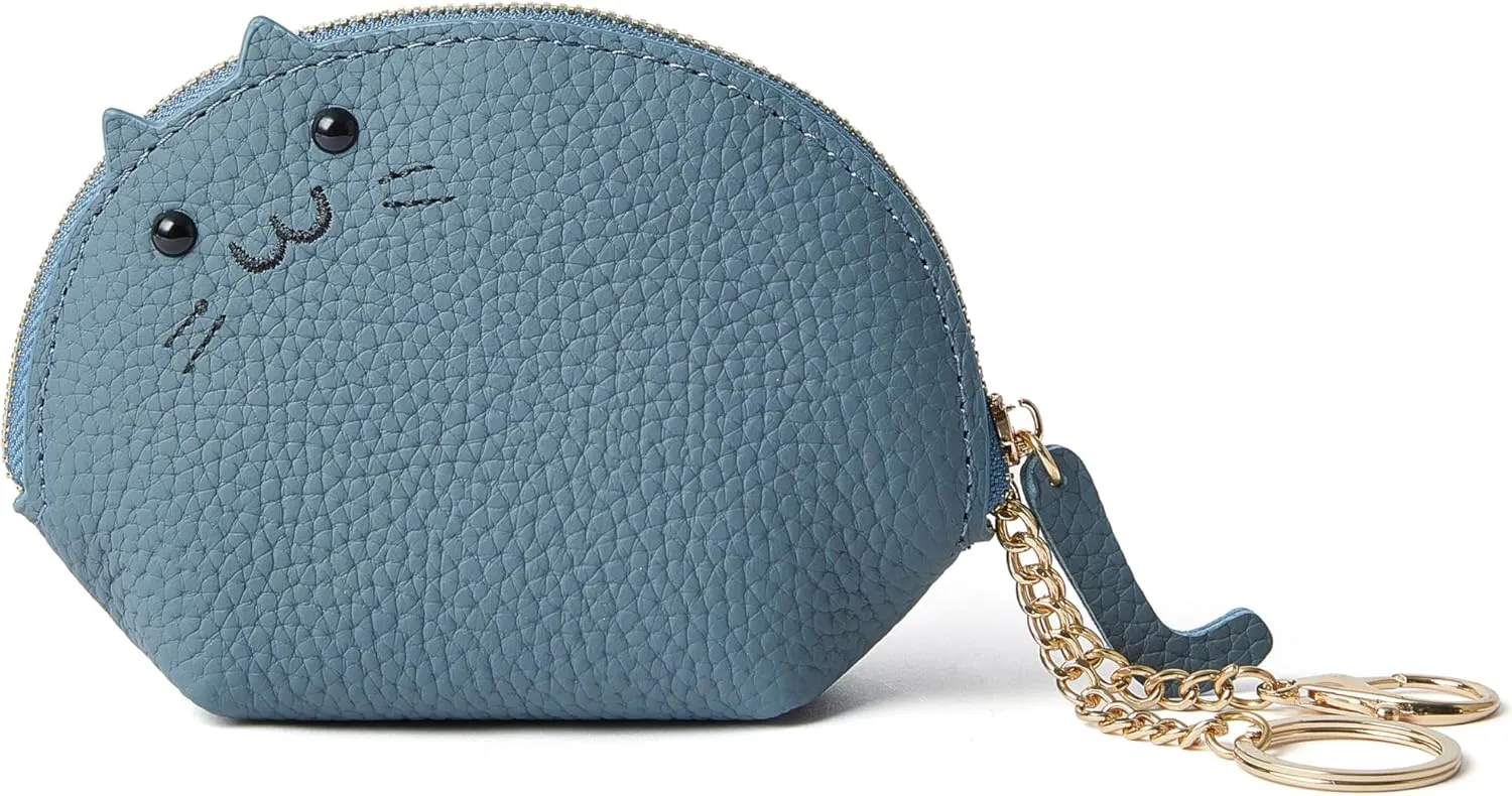 Doris&Jacky Leather Zipper Coin Purse Lovely Cat Design Coin Pouch And Wallet With Keychain (4-Light Blue)