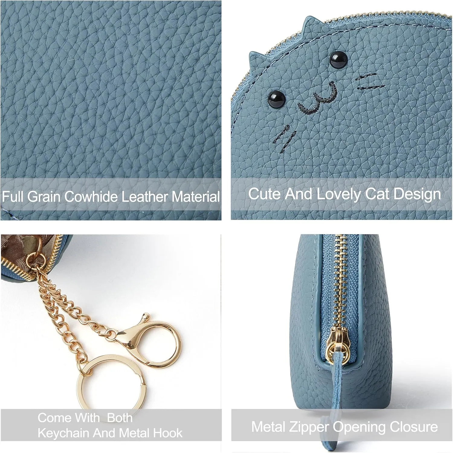 Doris&Jacky Leather Zipper Coin Purse Lovely Cat Design Coin Pouch And Wallet With Keychain (4-Light Blue)