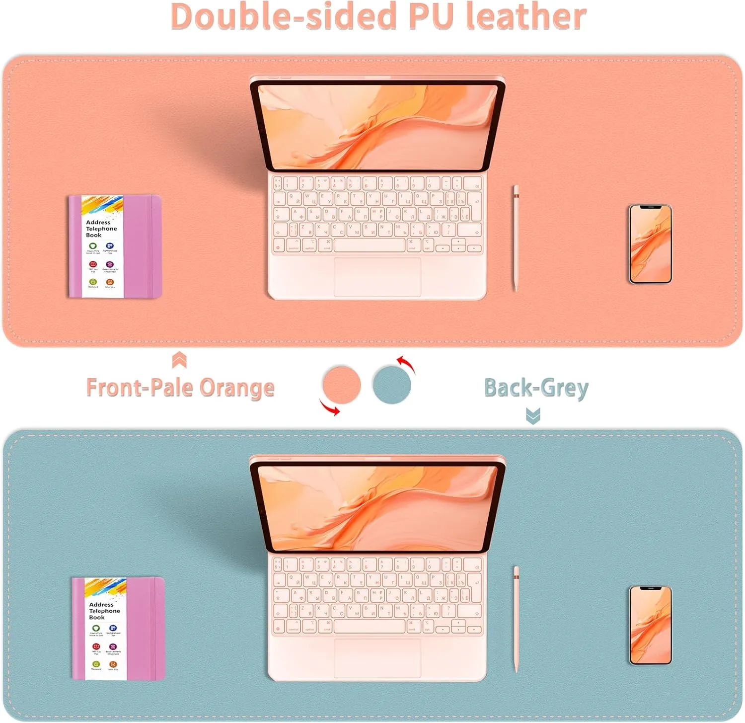 Double-Sided Office Desk Mat, Large Mouse Pad, Waterproof PU Leather Protective Pad, Laptop Desk Pad, Dual Use Cover Protector for Office/Home Keyboard (Pale Orange Grey, 31.5''×15.8'')