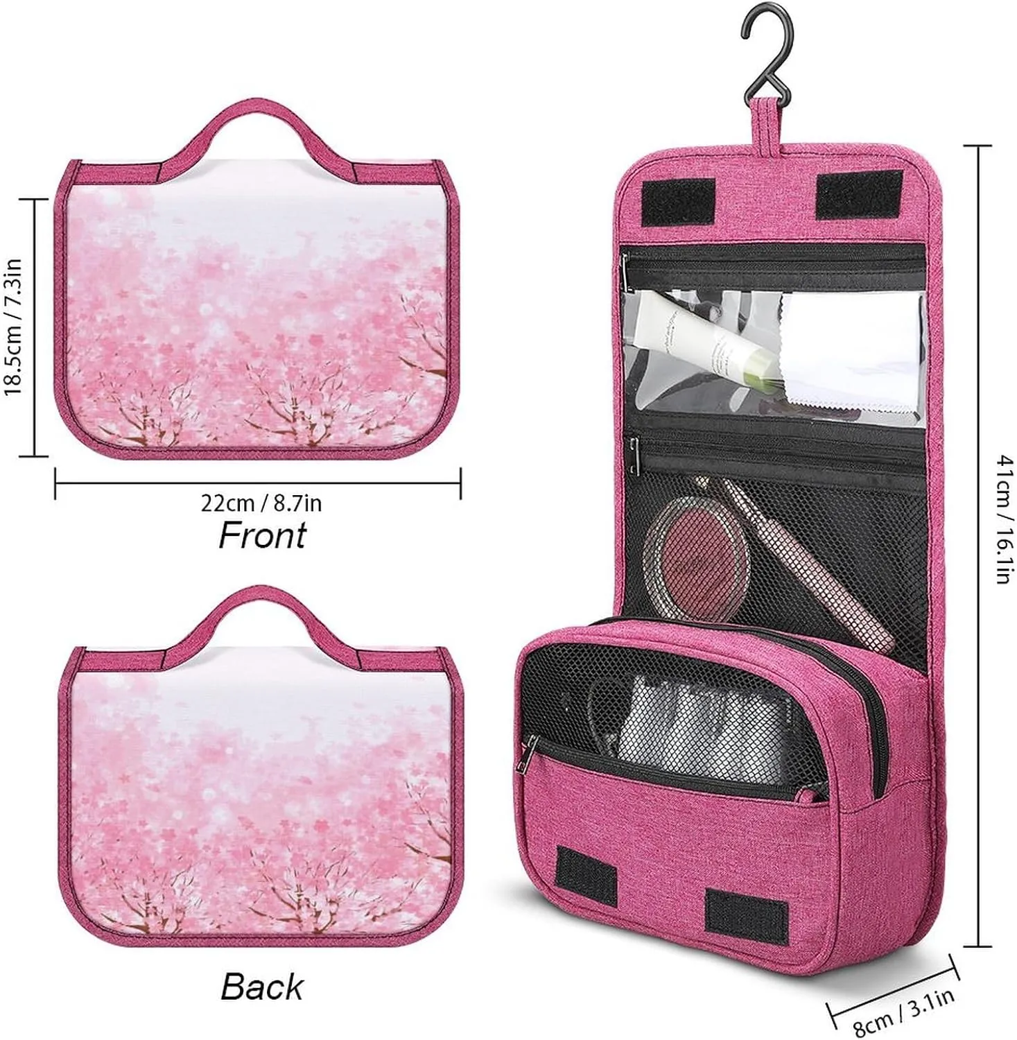 Dragonfly,Toiletry Bag Travel Bag with Hanging Hook,Magnolia Branches Leaves in Romance,Water-resistant Makeup Cosmetic Bag Organizer for Makeup Accessories,Full-size Container,Toiletries,Pink