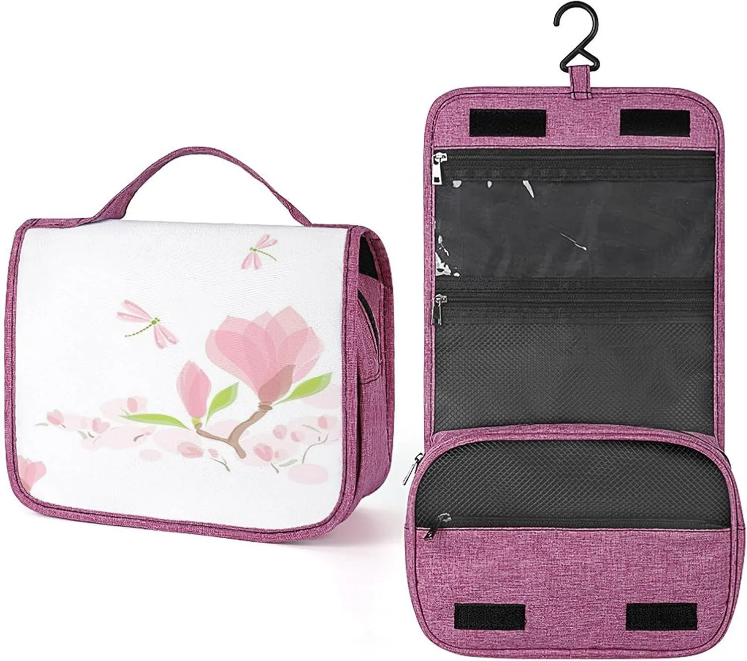 Dragonfly,Toiletry Bag Travel Bag with Hanging Hook,Magnolia Branches Leaves in Romance,Water-resistant Makeup Cosmetic Bag Organizer for Makeup Accessories,Full-size Container,Toiletries,Pink
