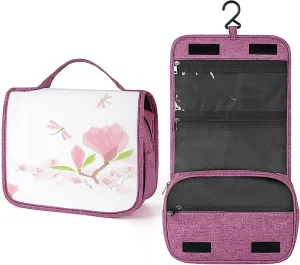 Dragonfly,Toiletry Bag Travel Bag with Hanging Hook,Magnolia Branches Leaves in Romance,Water-resistant Makeup Cosmetic Bag Organizer for Makeup Accessories,Full-size Container,Toiletries,Pink