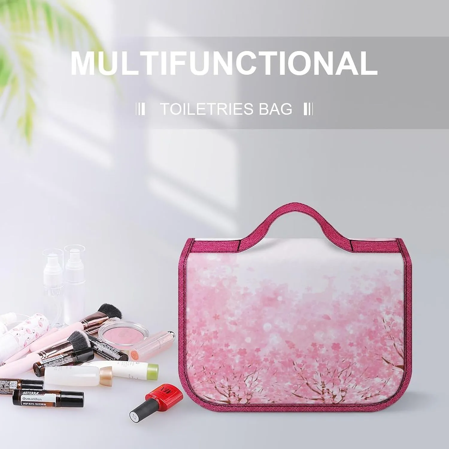 Dragonfly,Toiletry Bag Travel Bag with Hanging Hook,Magnolia Branches Leaves in Romance,Water-resistant Makeup Cosmetic Bag Organizer for Makeup Accessories,Full-size Container,Toiletries,Pink