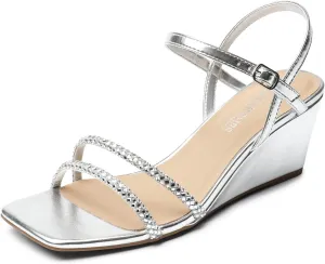 DREAM PAIRS Women Strappy Wedge Sandals Rhinestone Low Heel Sandals Square Open Toe Wedding Bridal Party Shoes for Evening Banquet Formal