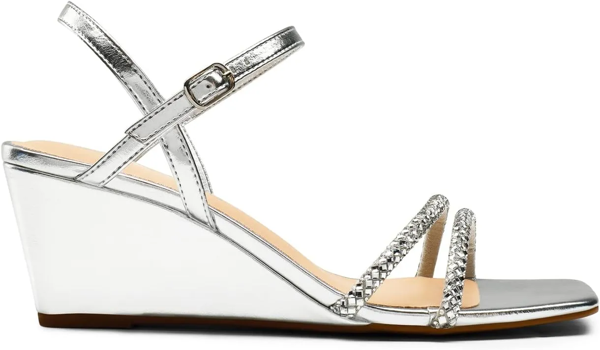 DREAM PAIRS Women Strappy Wedge Sandals Rhinestone Low Heel Sandals Square Open Toe Wedding Bridal Party Shoes for Evening Banquet Formal