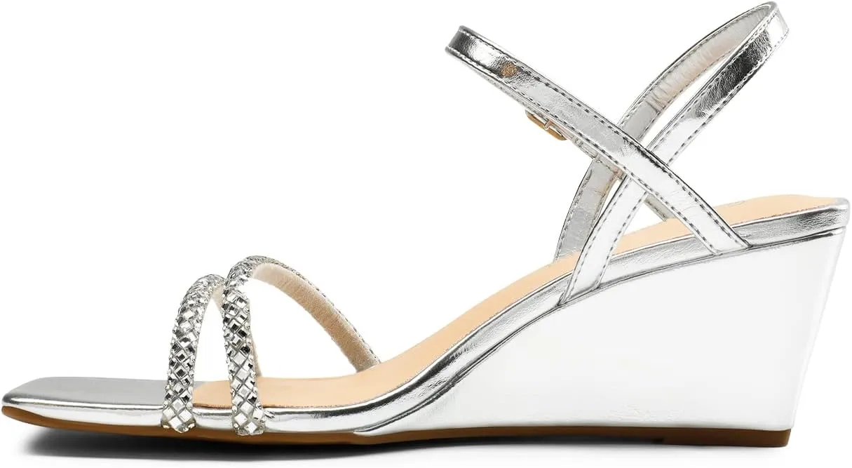 DREAM PAIRS Women Strappy Wedge Sandals Rhinestone Low Heel Sandals Square Open Toe Wedding Bridal Party Shoes for Evening Banquet Formal