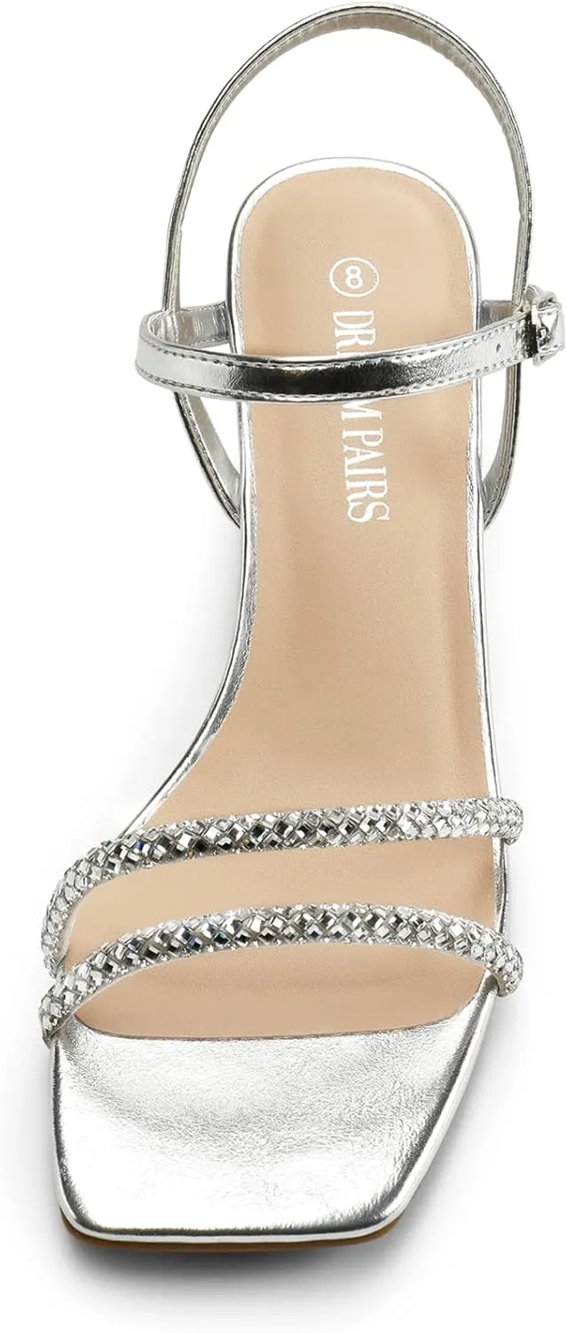 DREAM PAIRS Women Strappy Wedge Sandals Rhinestone Low Heel Sandals Square Open Toe Wedding Bridal Party Shoes for Evening Banquet Formal