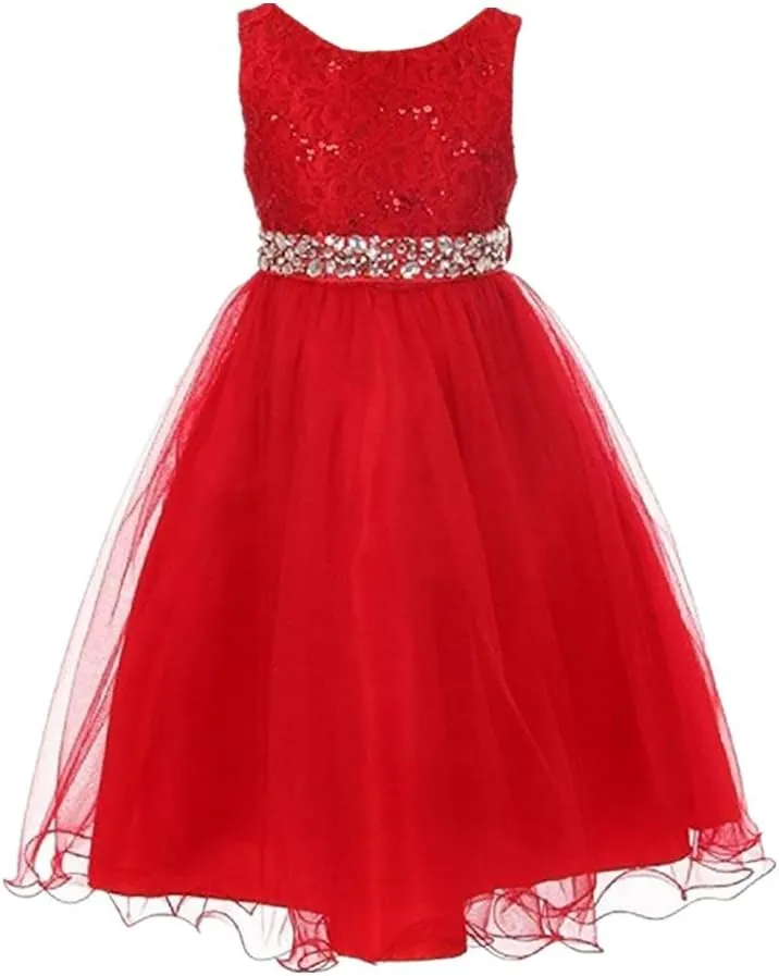 DreamHigh Wedding Flower Girl's Sequined Shining Crystal Waist Evening Dress up 2-12 Years