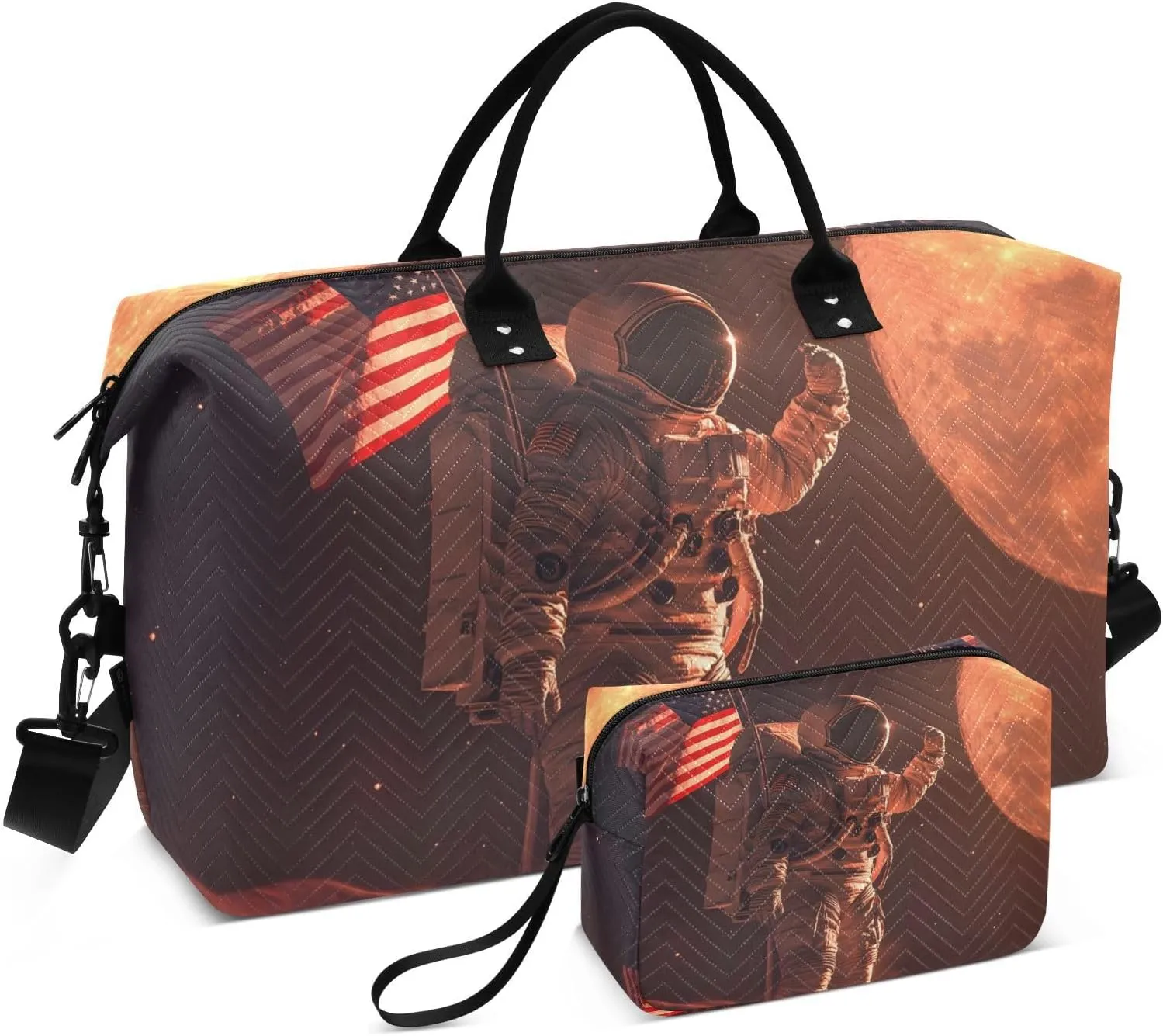 Duffel Bag for Traveling, Astronaut Flag Watch Moon Gym Bags with Multiple Interior Pockets for Women Men Toiletry Purse Included 20.5”x 1.9” x 13.8”