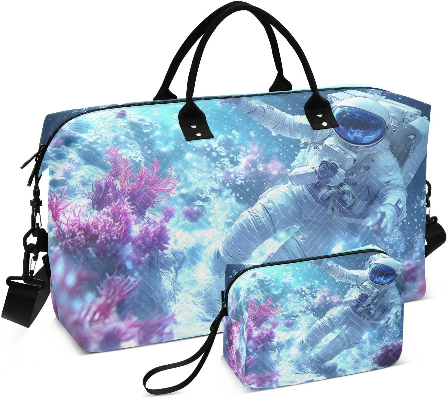 Duffel Bag for Traveling, Astronaut Underwater Coral Gym Bags with Multiple Interior Pockets for Women Men Toiletry Purse Included 20.5”x 1.9” x 13.8”