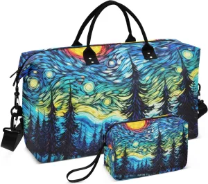 Duffel Bag for Traveling, Galaxy Starry Night Forest Gym Bags with Multiple Interior Pockets for Women Men Toiletry Purse Included 20.5”x 1.9” x 13.8”