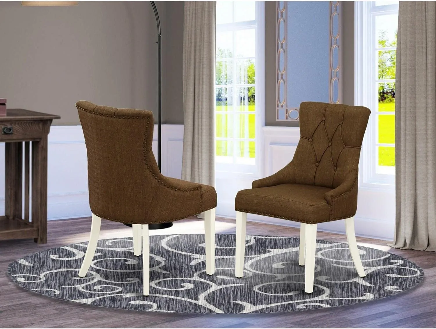 East West Furniture FRP2T18 Friona Parsons Dining Chairs - Button Tufted Nailhead Trim Brown Linen Linen Fabric Upholstered Chairs, Set of 2, Linen White