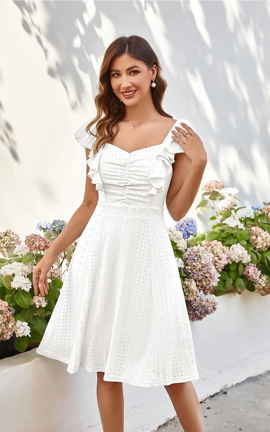 ECOWISH Women's Summer Dresses 2025 Elegant Lady Wedding Guest Cocktail Ruffle Cap Sleeves A-Line Office Midi Dress