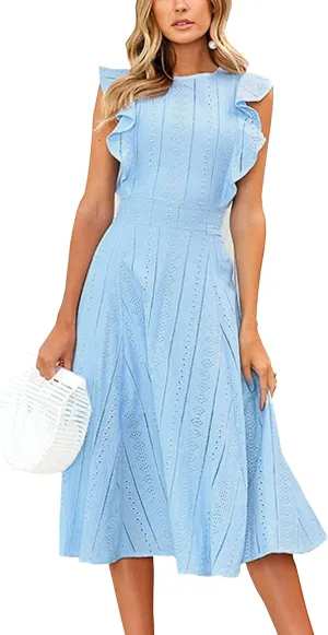 ECOWISH Women's Summer Dresses 2025 Elegant Lady Wedding Guest Cocktail Ruffle Cap Sleeves A-Line Office Midi Dress