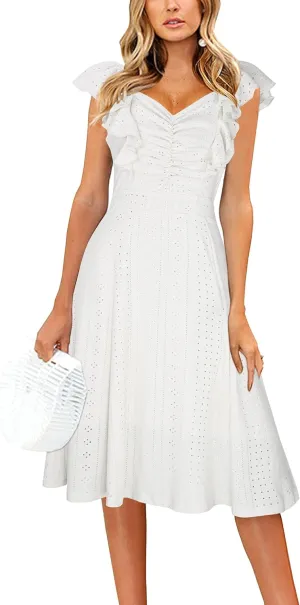 ECOWISH Women's Summer Dresses 2025 Elegant Lady Wedding Guest Cocktail Ruffle Cap Sleeves A-Line Office Midi Dress