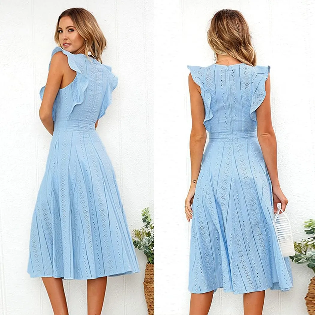 ECOWISH Women's Summer Dresses 2025 Elegant Lady Wedding Guest Cocktail Ruffle Cap Sleeves A-Line Office Midi Dress
