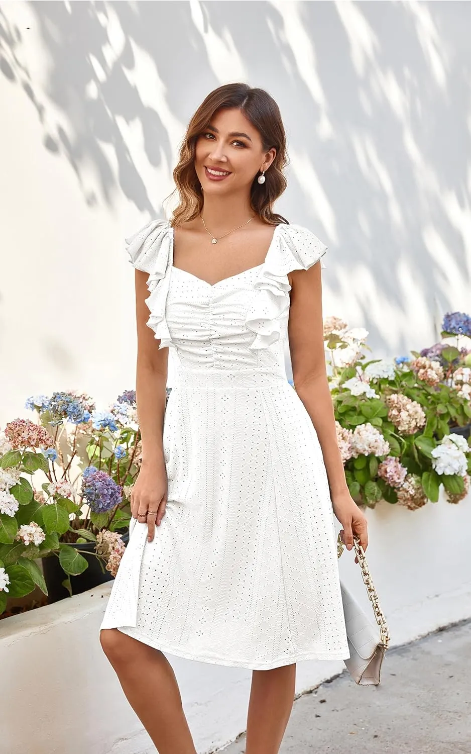 ECOWISH Women's Summer Dresses 2025 Elegant Lady Wedding Guest Cocktail Ruffle Cap Sleeves A-Line Office Midi Dress