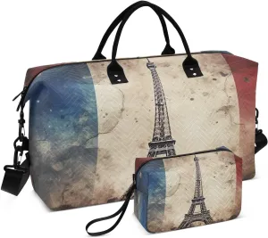 Eiffel Tower French Flag Sports Gym Bag for Women Men Travel Duffel Bag Weekend Overnight Carry on Bag with Toiletry Bag Hospital Bag for Swimming Yoga Workout Hospital Plane