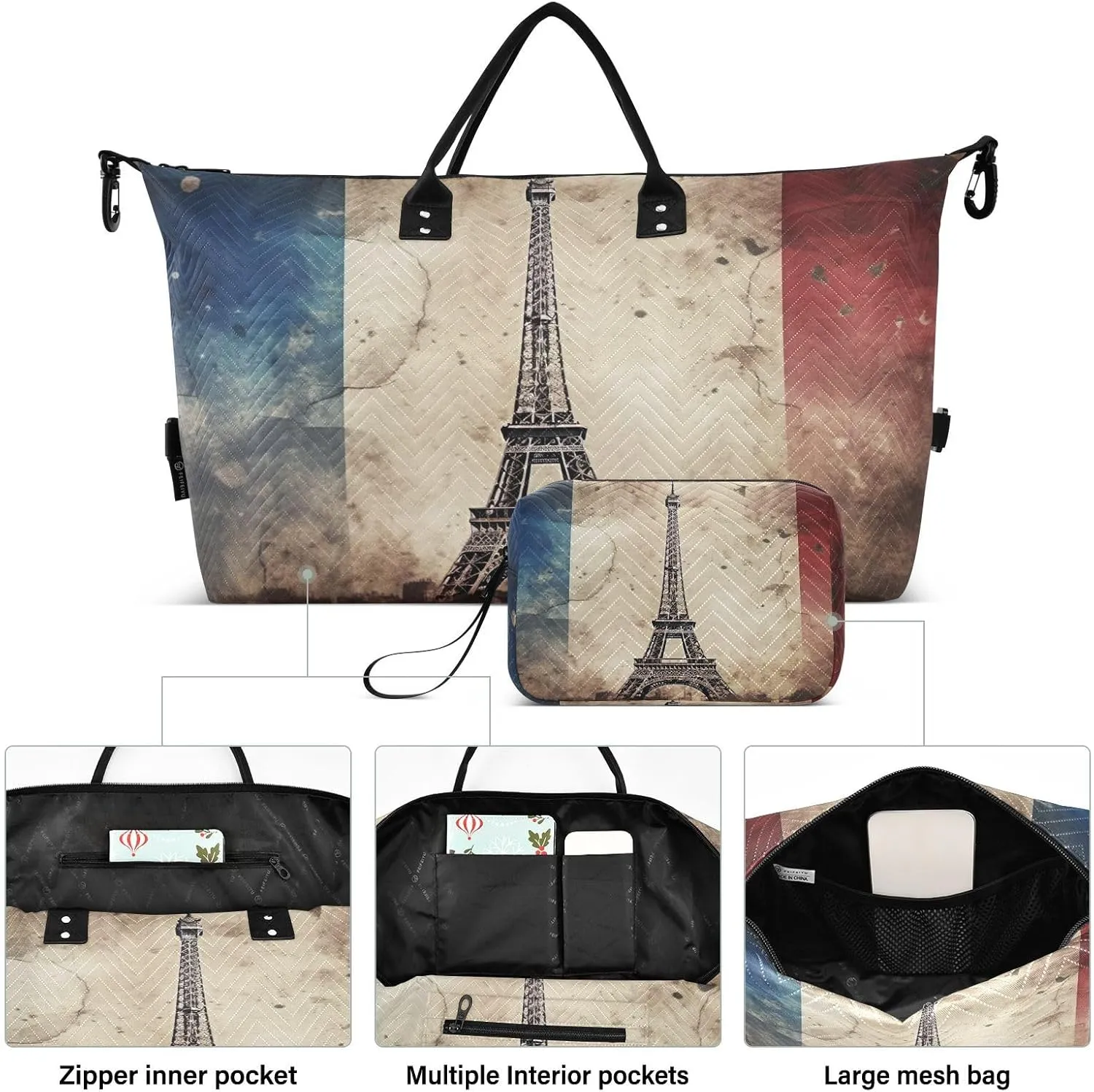 Eiffel Tower French Flag Sports Gym Bag for Women Men Travel Duffel Bag Weekend Overnight Carry on Bag with Toiletry Bag Hospital Bag for Swimming Yoga Workout Hospital Plane
