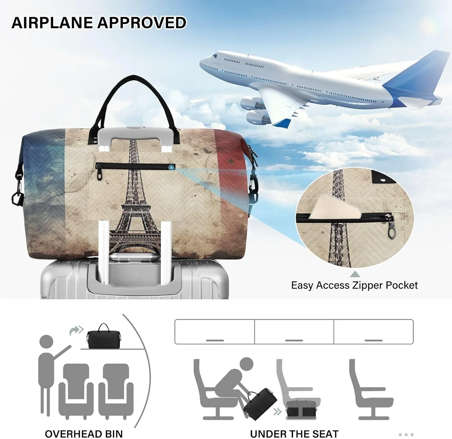 Eiffel Tower French Flag Sports Gym Bag for Women Men Travel Duffel Bag Weekend Overnight Carry on Bag with Toiletry Bag Hospital Bag for Swimming Yoga Workout Hospital Plane