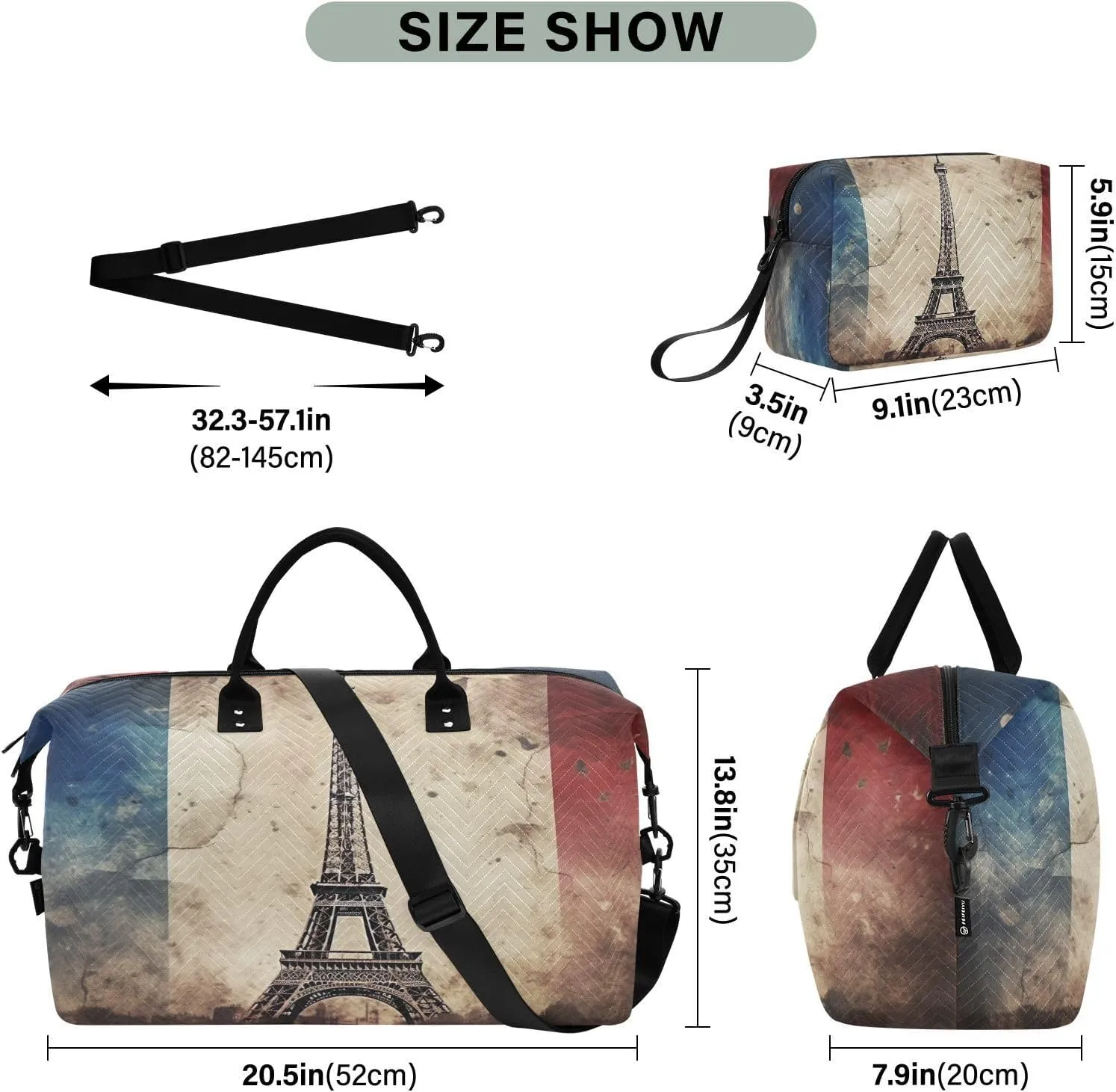 Eiffel Tower French Flag Sports Gym Bag for Women Men Travel Duffel Bag Weekend Overnight Carry on Bag with Toiletry Bag Hospital Bag for Swimming Yoga Workout Hospital Plane
