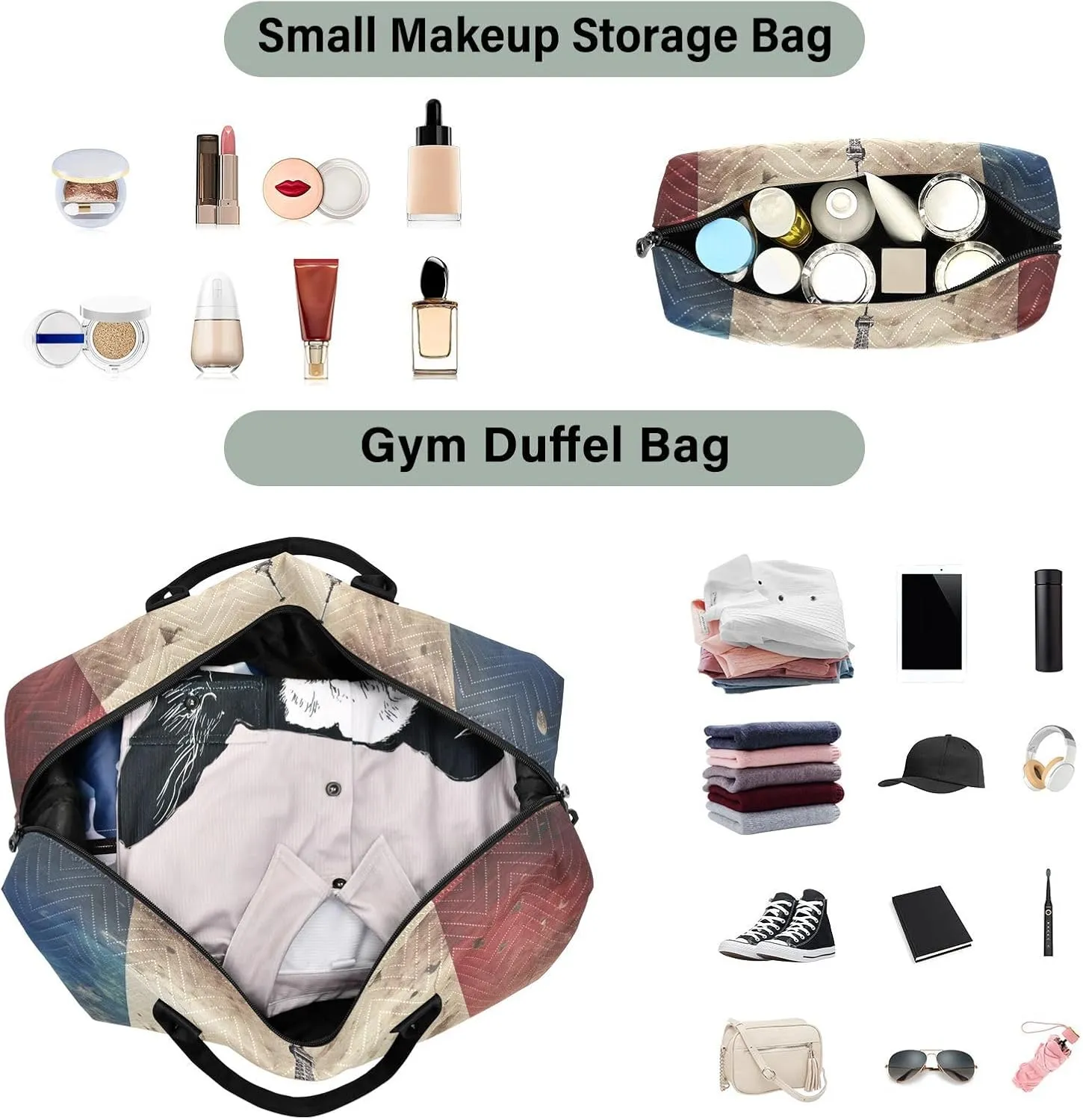Eiffel Tower French Flag Sports Gym Bag for Women Men Travel Duffel Bag Weekend Overnight Carry on Bag with Toiletry Bag Hospital Bag for Swimming Yoga Workout Hospital Plane