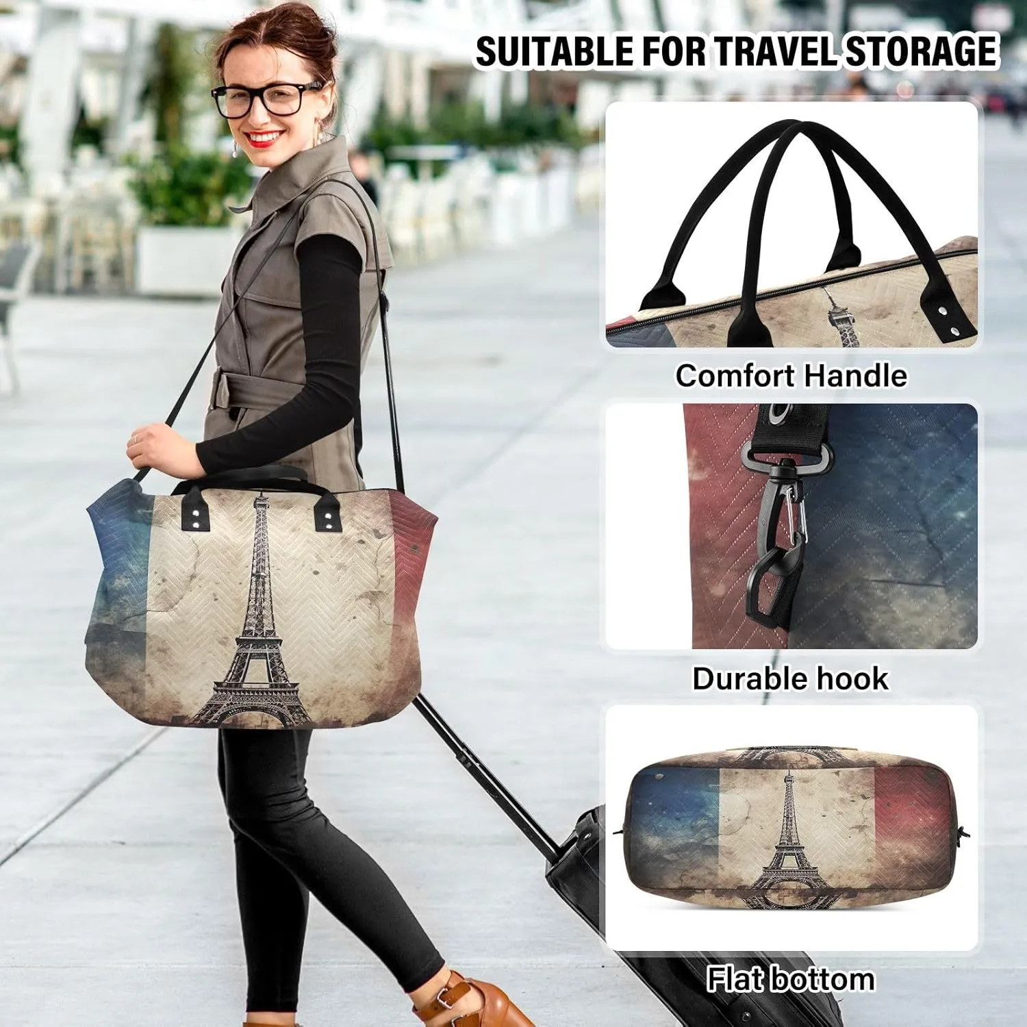 Eiffel Tower French Flag Sports Gym Bag for Women Men Travel Duffel Bag Weekend Overnight Carry on Bag with Toiletry Bag Hospital Bag for Swimming Yoga Workout Hospital Plane