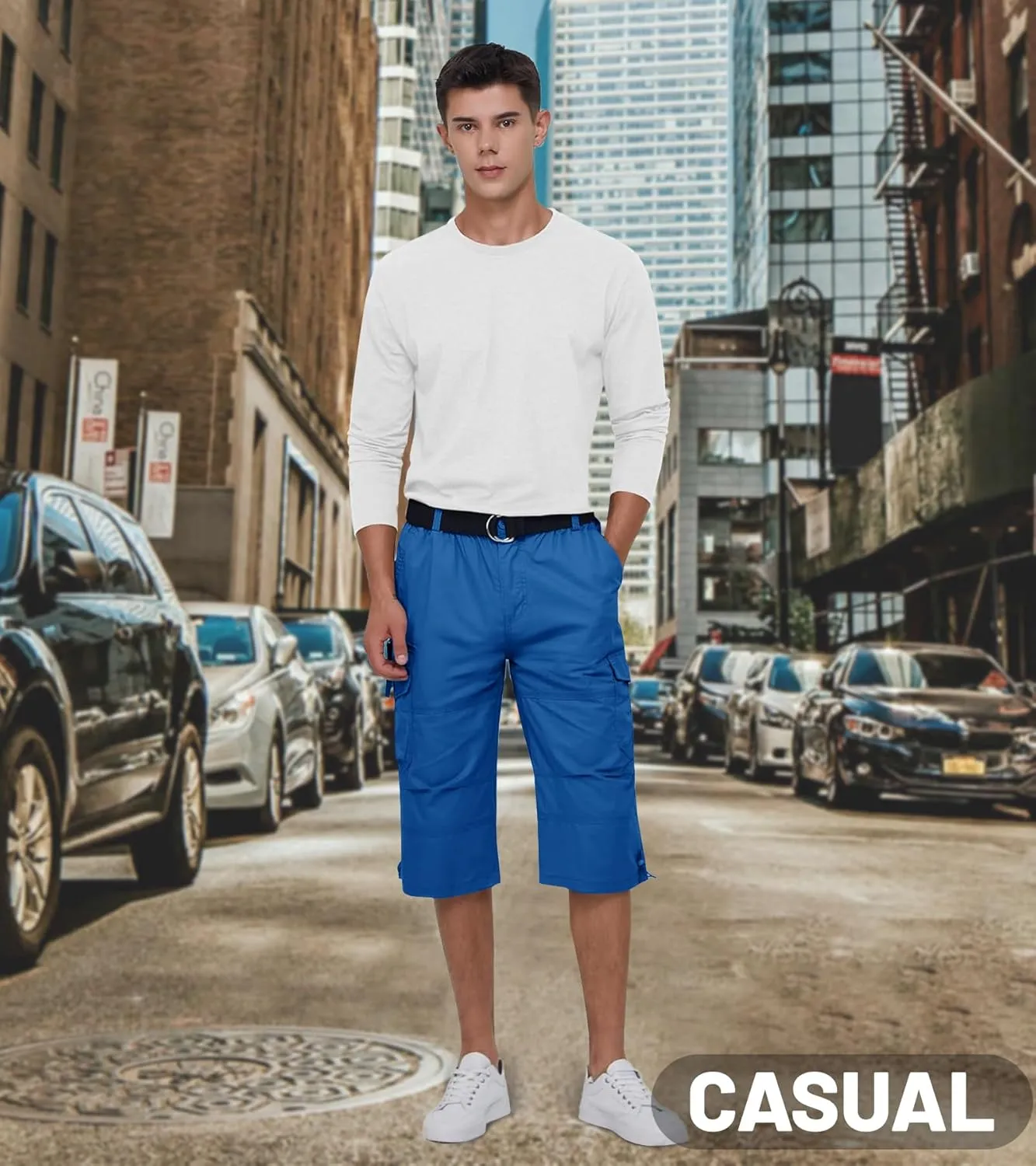 EKLENTSON Men's Cargo Shorts Casual Twill Elastic 3/4 Capri Pants Below Knee Long Shorts with 7 Pockets