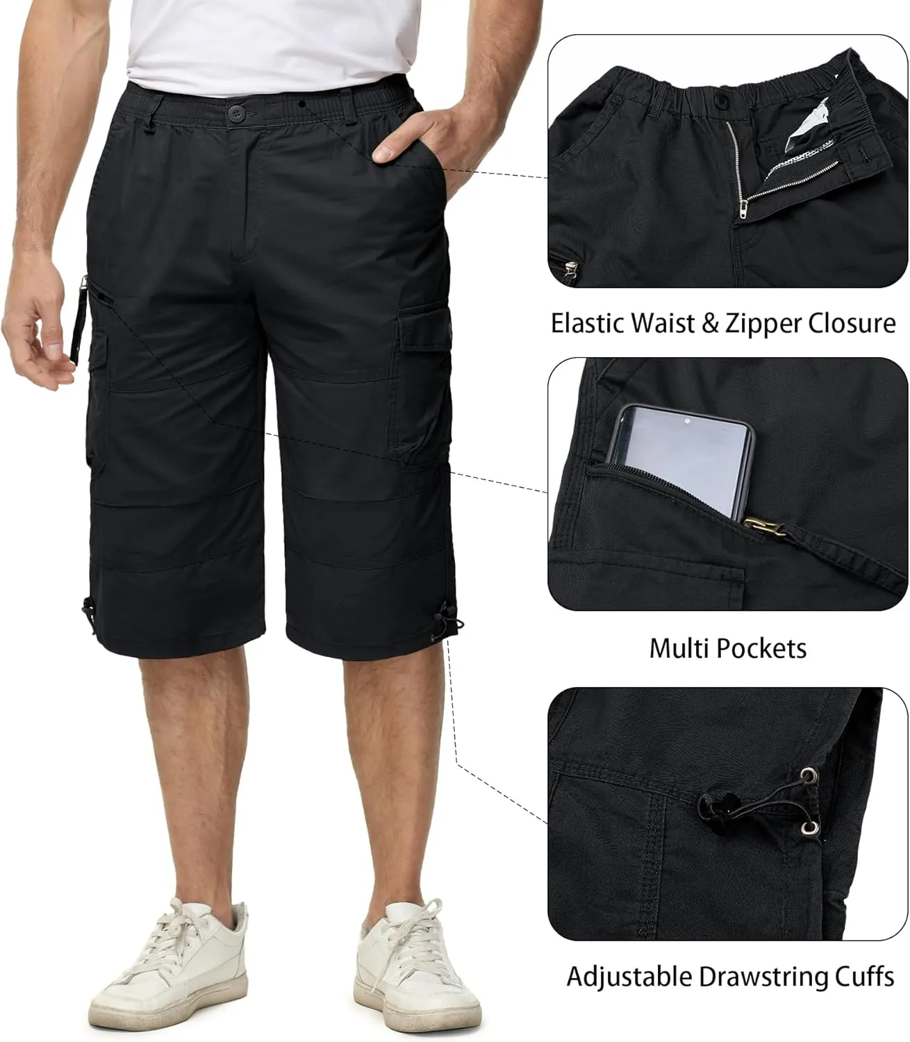 EKLENTSON Men's Cargo Shorts Casual Twill Elastic 3/4 Capri Pants Below Knee Long Shorts with 7 Pockets