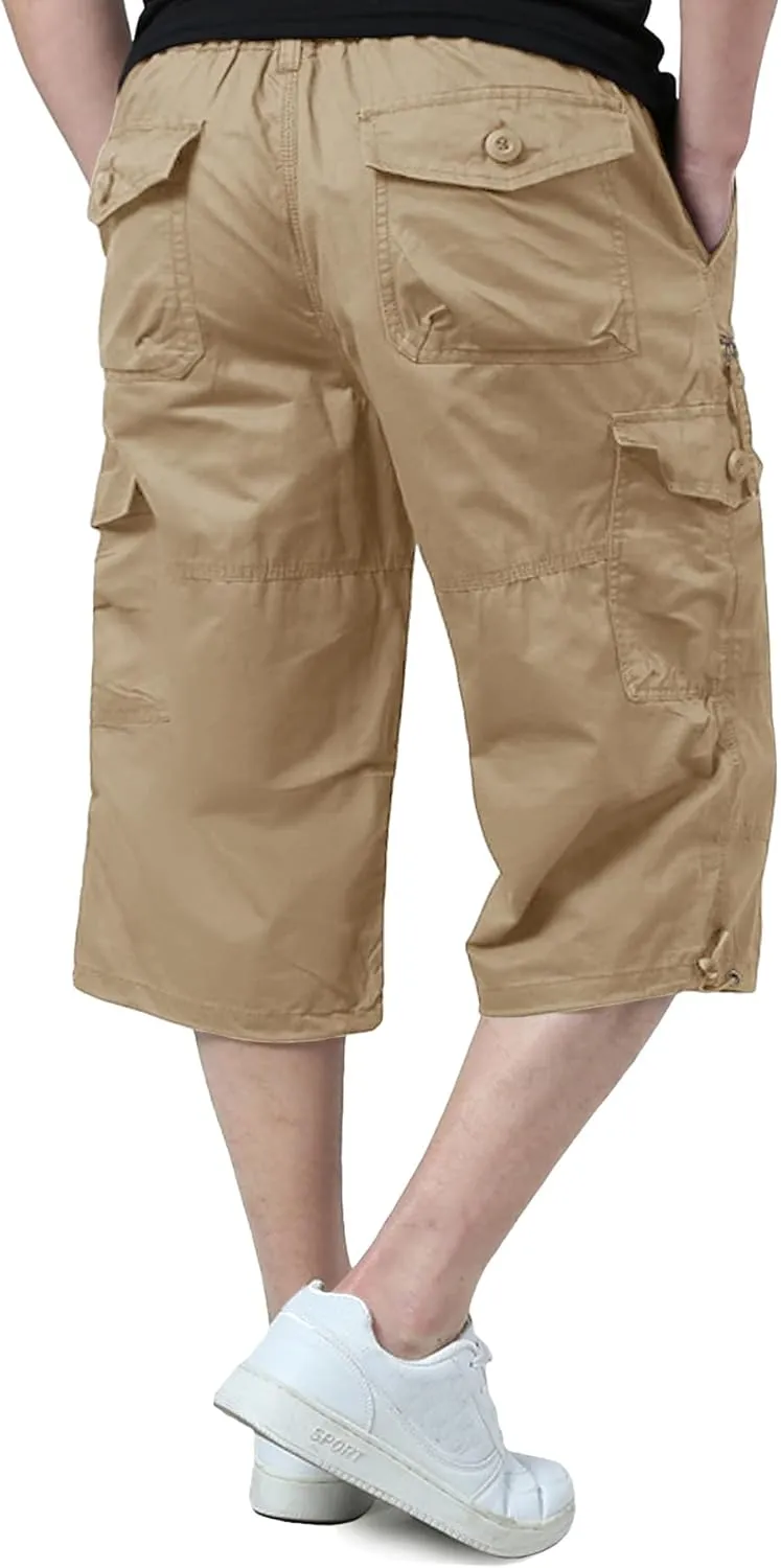 EKLENTSON Men's Cargo Shorts Casual Twill Elastic 3/4 Capri Pants Below Knee Long Shorts with 7 Pockets