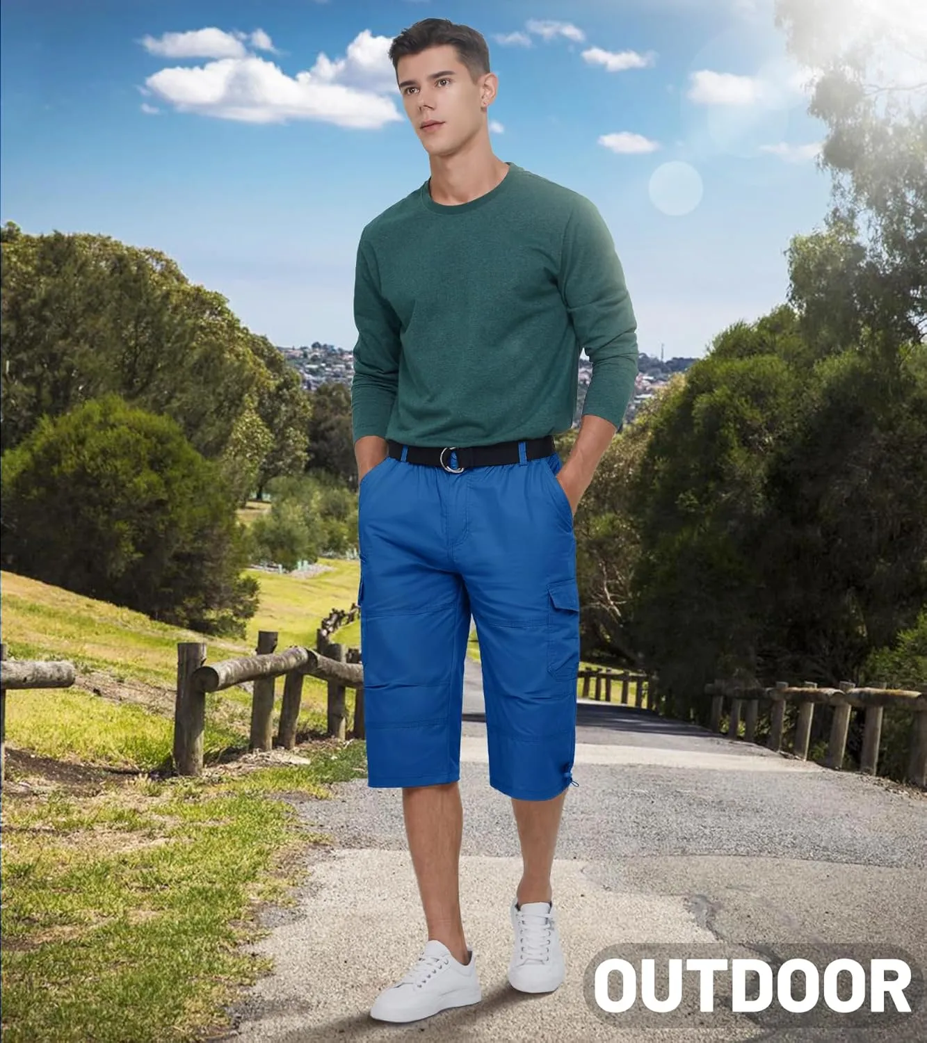 EKLENTSON Men's Cargo Shorts Casual Twill Elastic 3/4 Capri Pants Below Knee Long Shorts with 7 Pockets