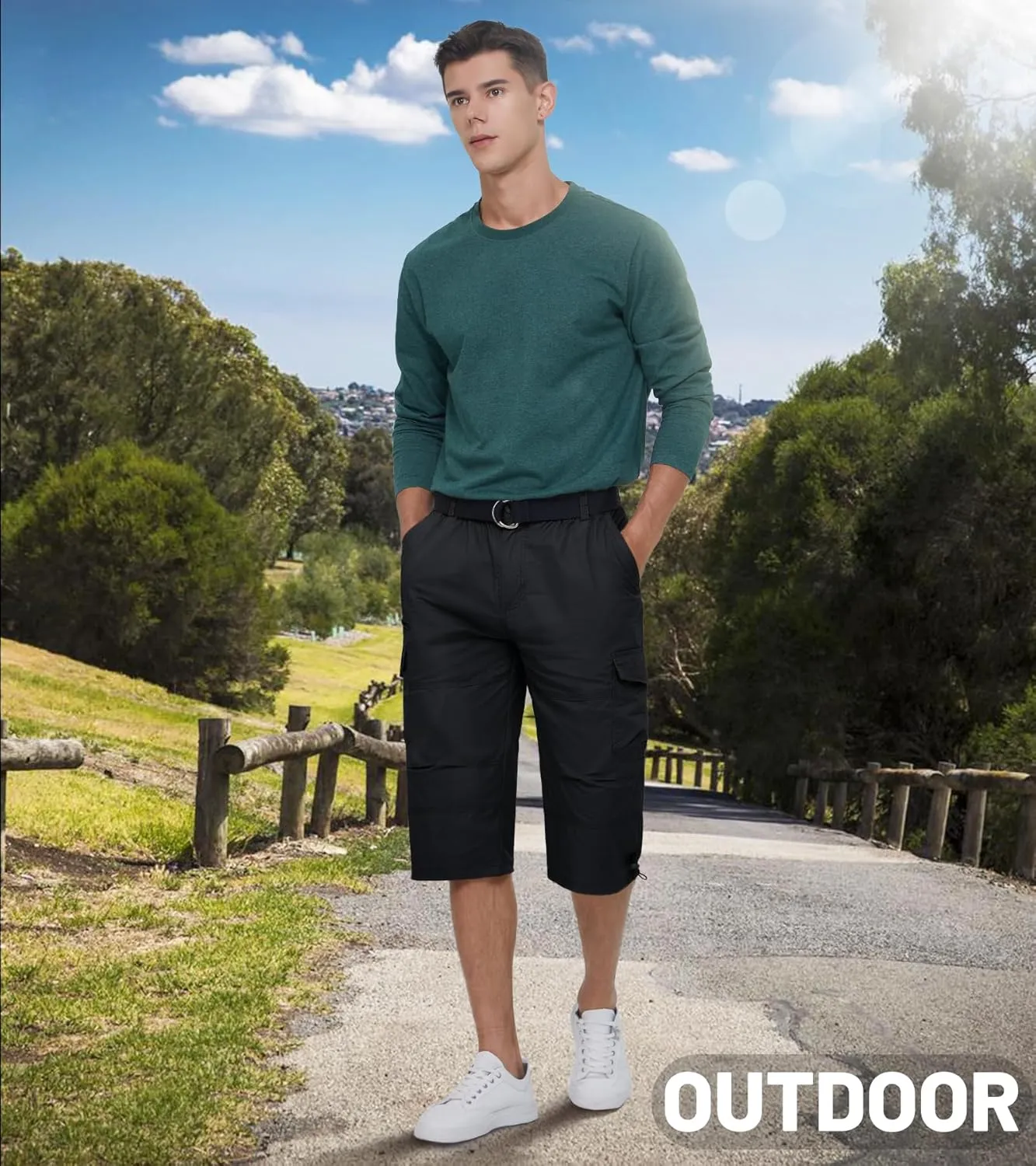 EKLENTSON Men's Cargo Shorts Casual Twill Elastic 3/4 Capri Pants Below Knee Long Shorts with 7 Pockets