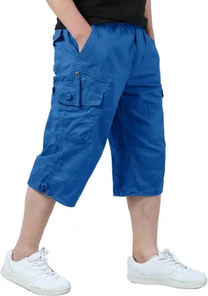 EKLENTSON Men's Cargo Shorts Casual Twill Elastic 3/4 Capri Pants Below Knee Long Shorts with 7 Pockets