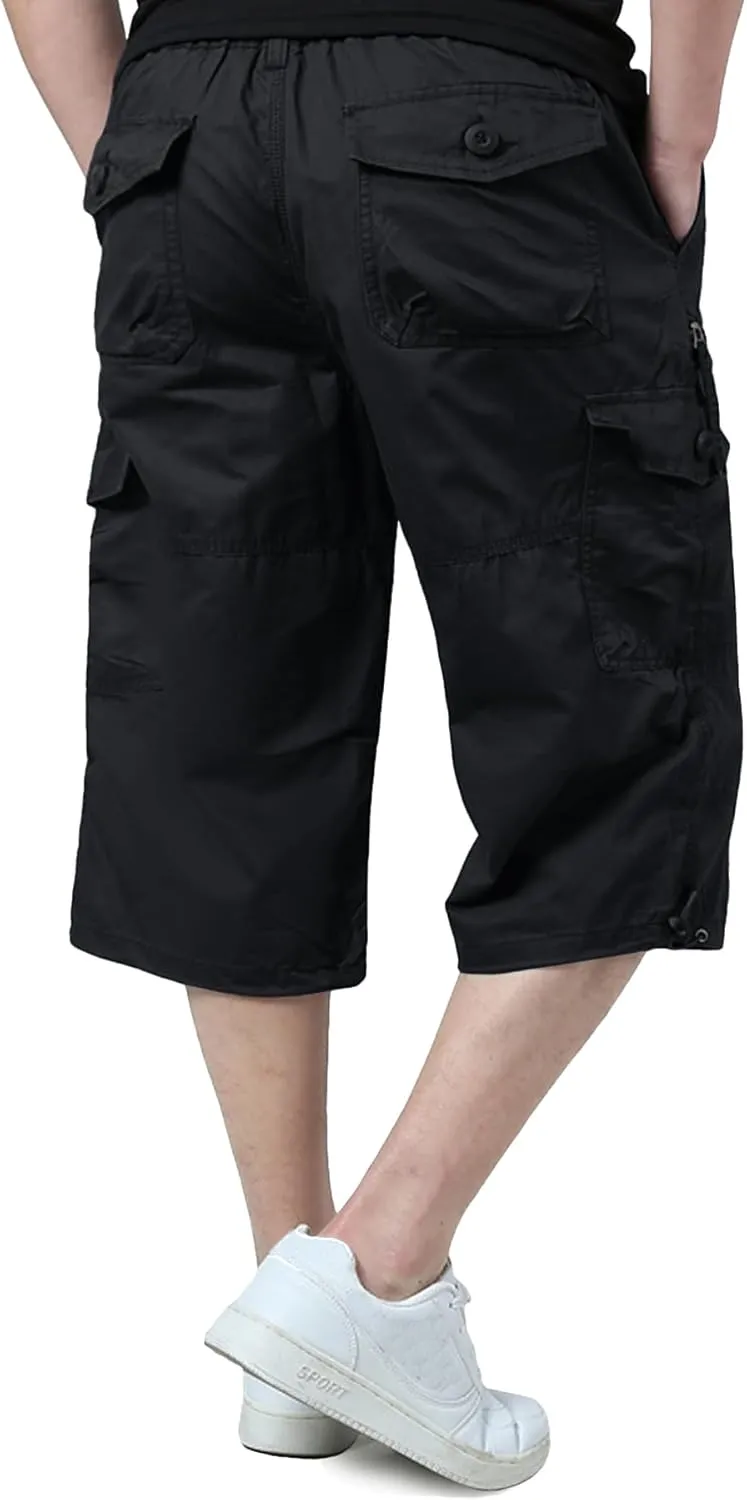 EKLENTSON Men's Cargo Shorts Casual Twill Elastic 3/4 Capri Pants Below Knee Long Shorts with 7 Pockets