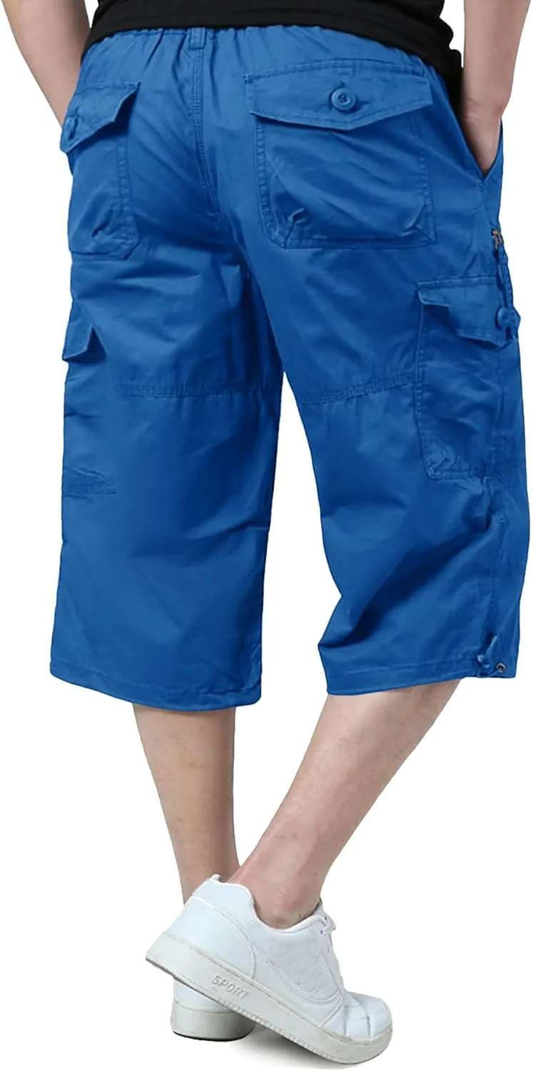 EKLENTSON Men's Cargo Shorts Casual Twill Elastic 3/4 Capri Pants Below Knee Long Shorts with 7 Pockets