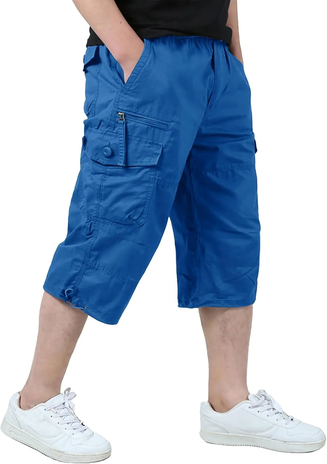EKLENTSON Men's Cargo Shorts Casual Twill Elastic 3/4 Capri Pants Below Knee Long Shorts with 7 Pockets