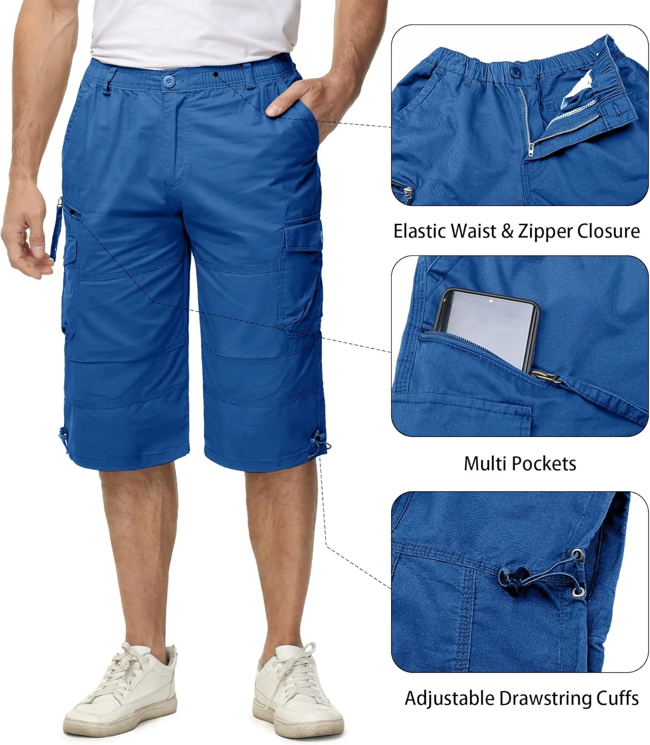 EKLENTSON Men's Cargo Shorts Casual Twill Elastic 3/4 Capri Pants Below Knee Long Shorts with 7 Pockets