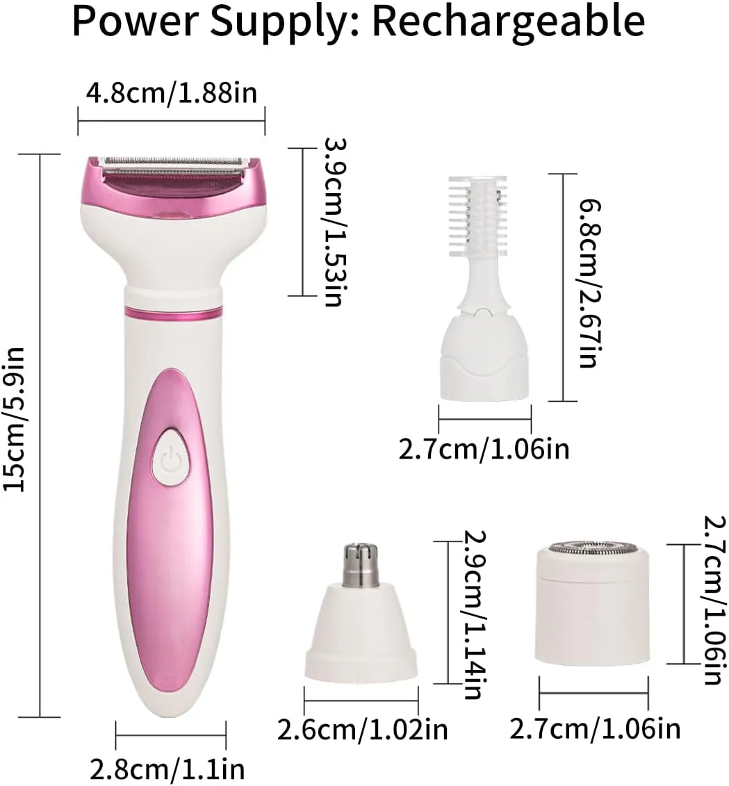 Electric Razor for Women, Bikini Trimmer Womens Shaver for Face Nose Eyebrow Body Leg Pubic Underarm Arm Ladies Rechargeable 4 in 1 Hair Removal Kit Painless Trimming, Gifts for Women (Pink)