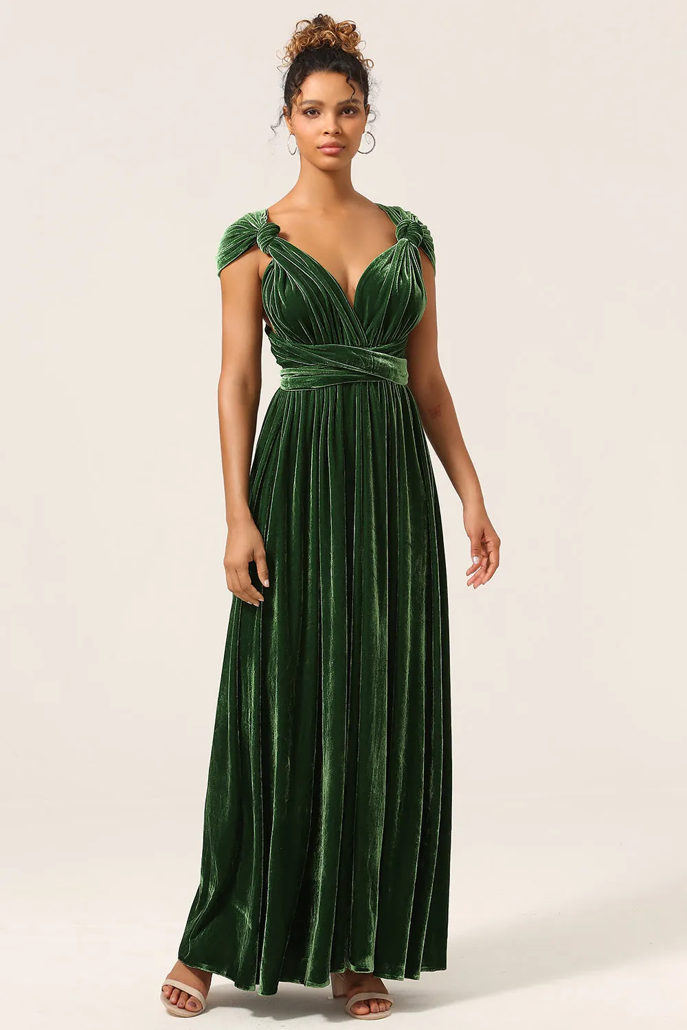 Elegant A Line V Neck Dark Green Covertible Wear Velvet Long Bridesmaid Dress
