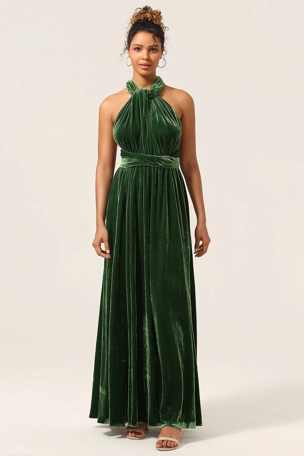 Elegant A Line V Neck Dark Green Covertible Wear Velvet Long Bridesmaid Dress