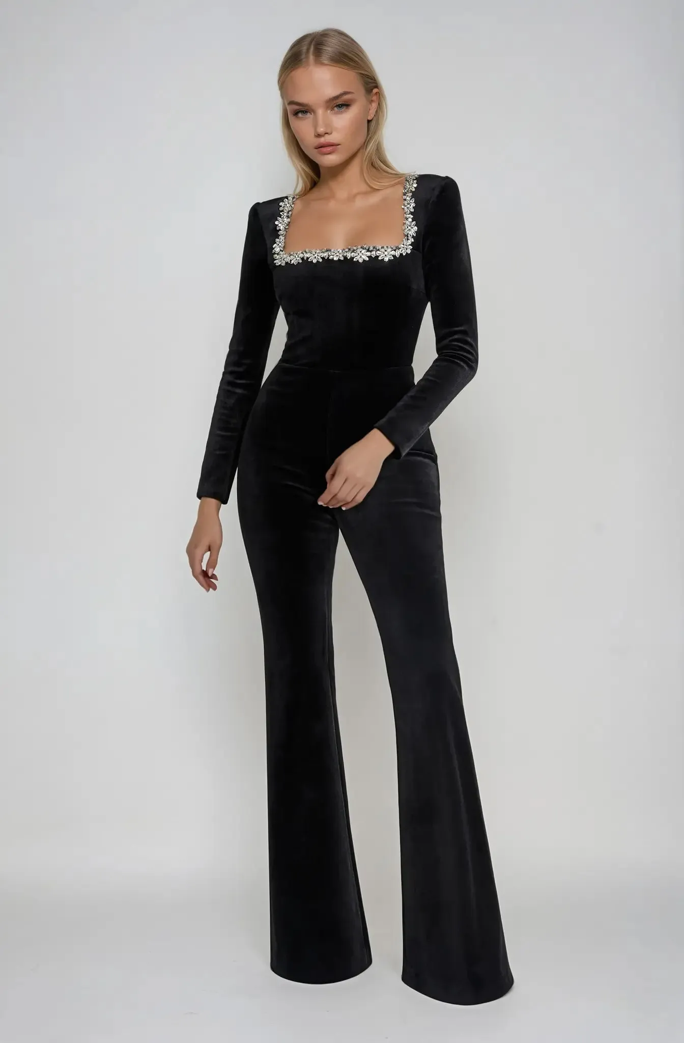 Elegant Black Jumpsuit with Embellished Square Neckline