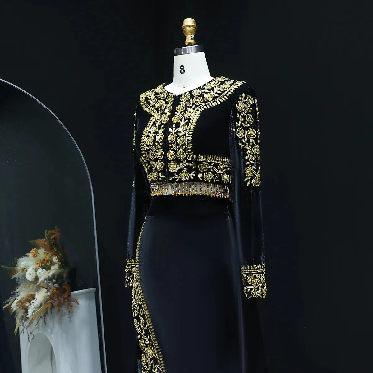 Elegant Black Velvet 2 Pieces Evening Dress with Gold Beaded SS241