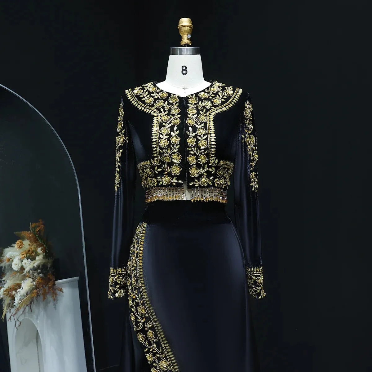 Elegant Black Velvet 2 Pieces Evening Dress with Gold Beaded SS241