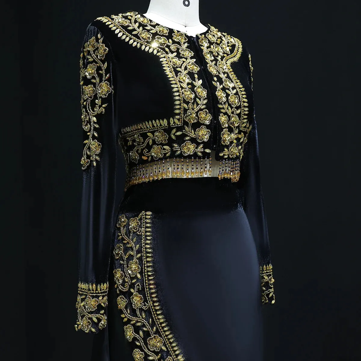 Elegant Black Velvet 2 Pieces Evening Dress with Gold Beaded SS241