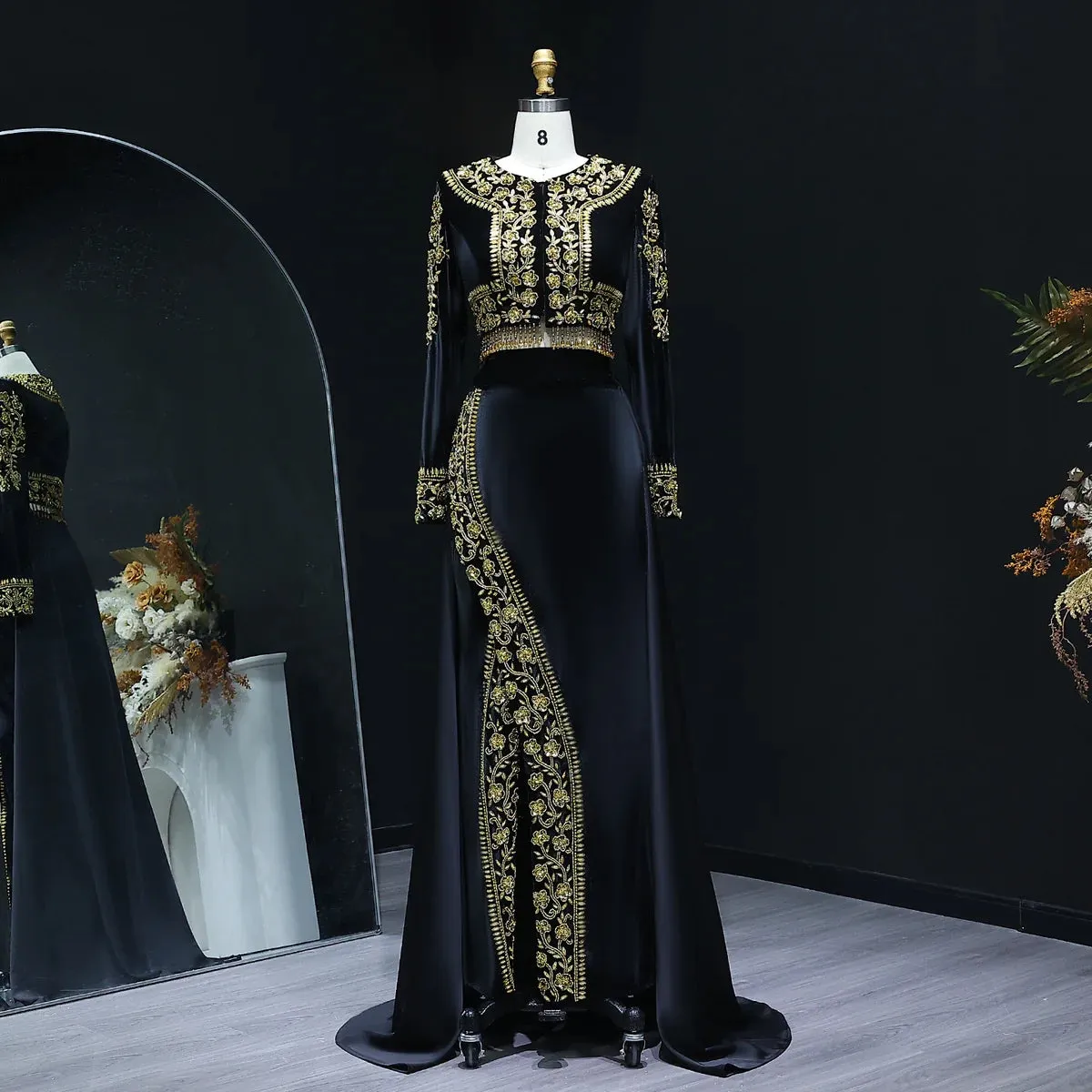 Elegant Black Velvet 2 Pieces Evening Dress with Gold Beaded SS241