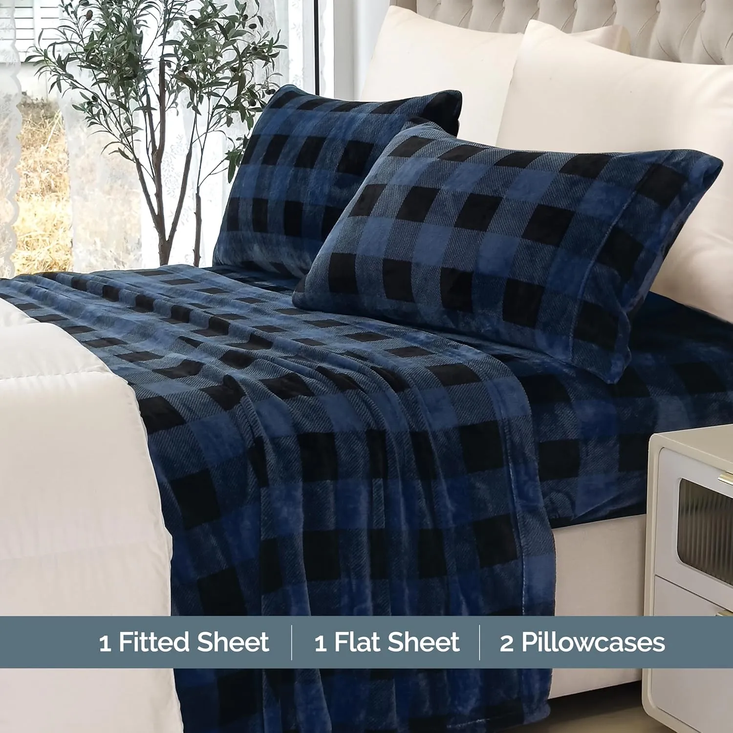 Elegant Comfort Luxuriously Soft 4-Piece Velvet Plush Flannel Sheet Set - Premium Quality - Cozy Warm, Anti-Static, Non Pilling Fuzzy Velvet Flannel Fleece Deep Pocket Sheet Set - King, Buffalo Blue
