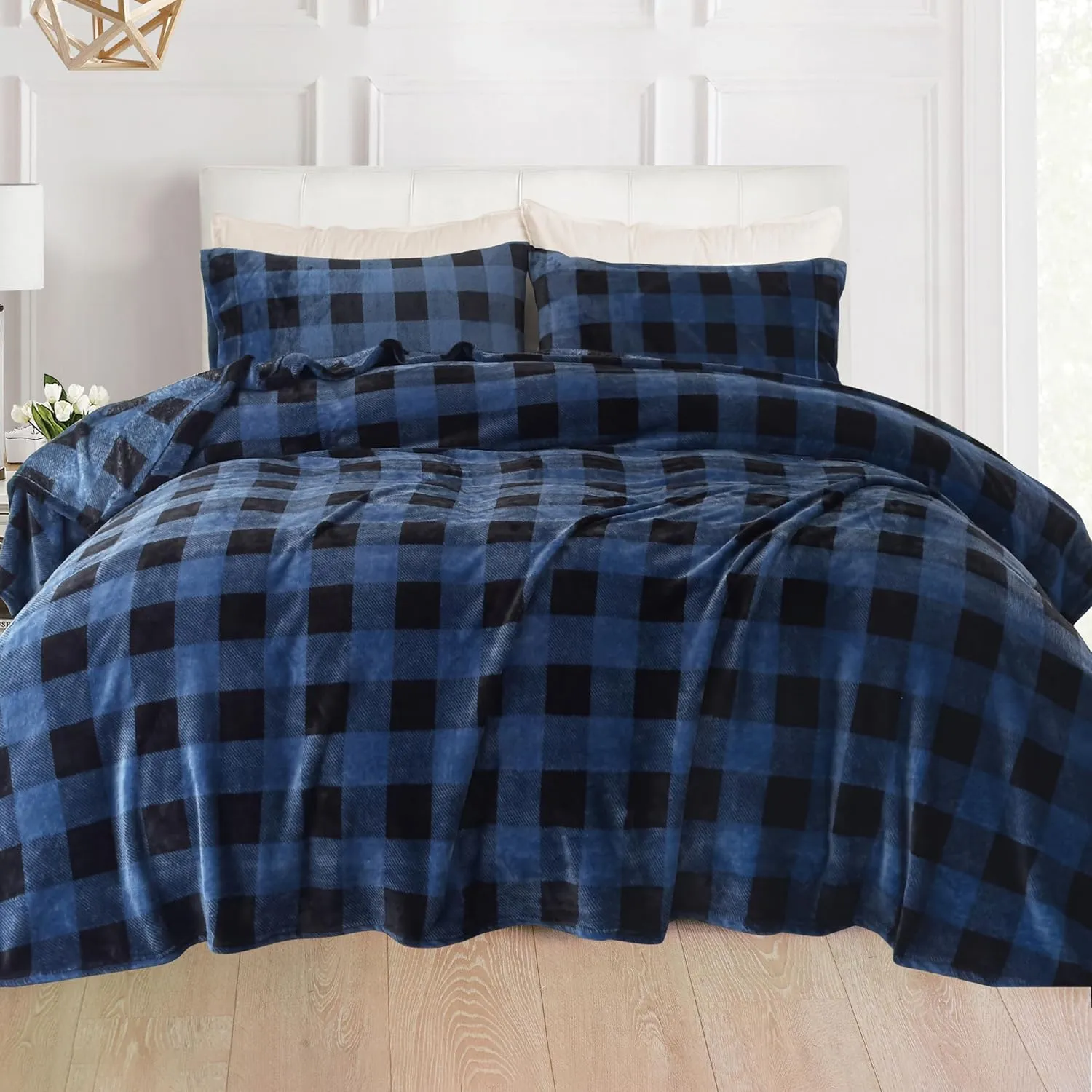 Elegant Comfort Luxuriously Soft 4-Piece Velvet Plush Flannel Sheet Set - Premium Quality - Cozy Warm, Anti-Static, Non Pilling Fuzzy Velvet Flannel Fleece Deep Pocket Sheet Set - King, Buffalo Blue