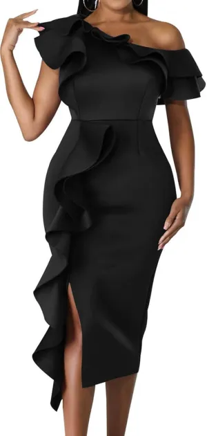 Elegant Dresses for Women Sexy Church Long Ruffles Sleeve Business Pencil Vintage Peplum Dress Wear to Work