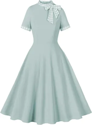 Elegant Dresses for Women Vintage Court Solid A-Line Dress Short Sleeve Plaid Lapel Maxi Skirts Working Business